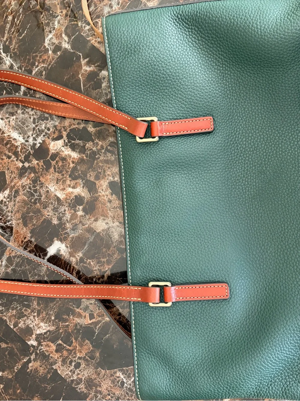 Dooney & Bourke Forest Green Pebbled Leather Tote with Brown Trim